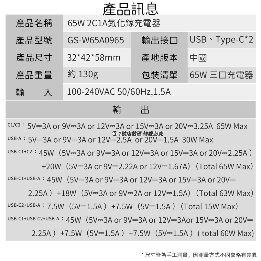 GaN 氮化鎵 65W 充電器 2C1A 充電頭 旅充 PD 快充 三口 三孔 適用 iphone14 15 小米-細節圖11