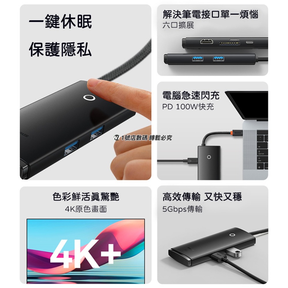 小米有品 倍思 輕享 六合一 HUB 擴展塢 PD版 USB 4k HDMI 讀卡機 Type-c 轉接器 分線器-細節圖3