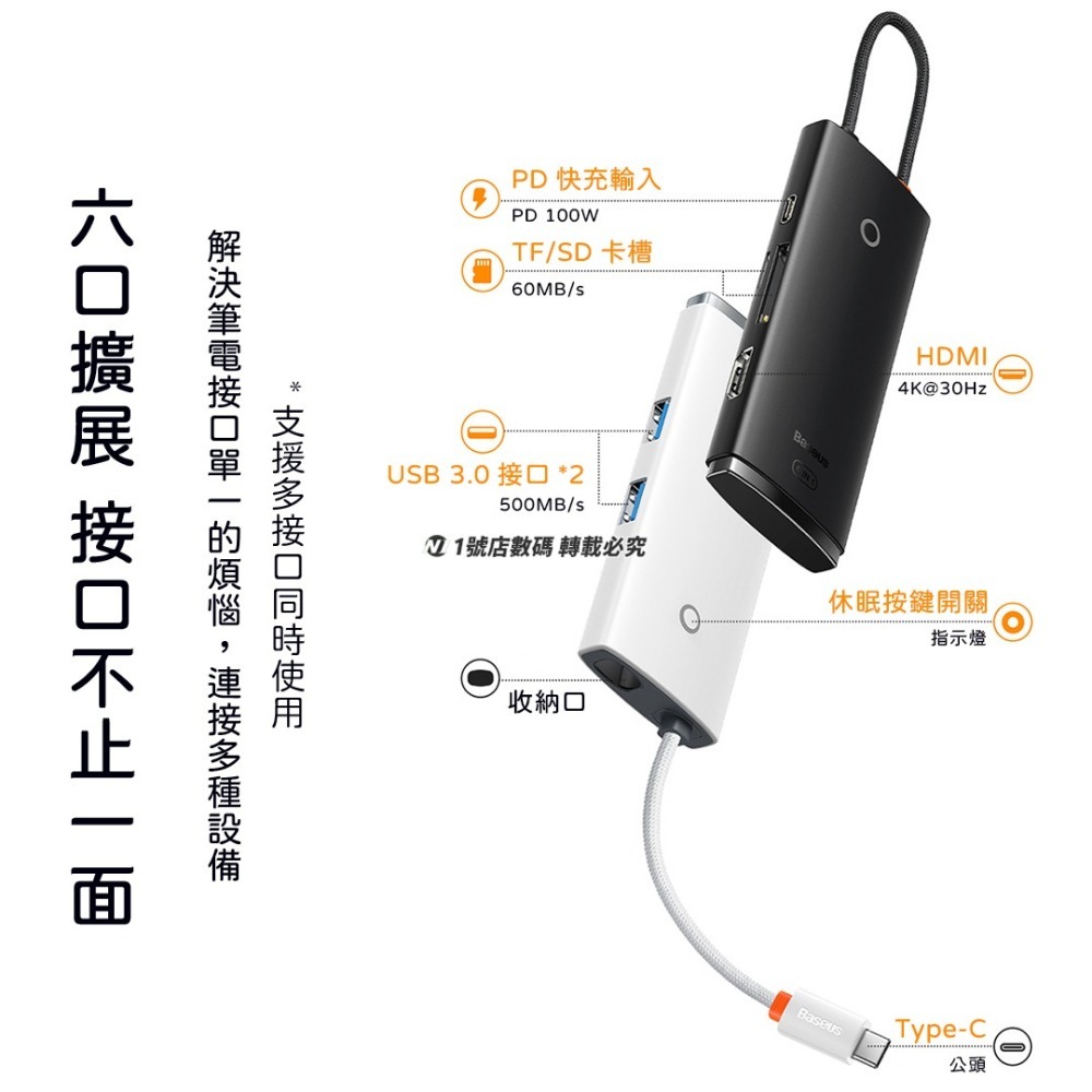 小米有品 倍思 輕享 六合一 HUB 擴展塢 PD版 USB 4k HDMI 讀卡機 Type-c 轉接器 分線器-細節圖9