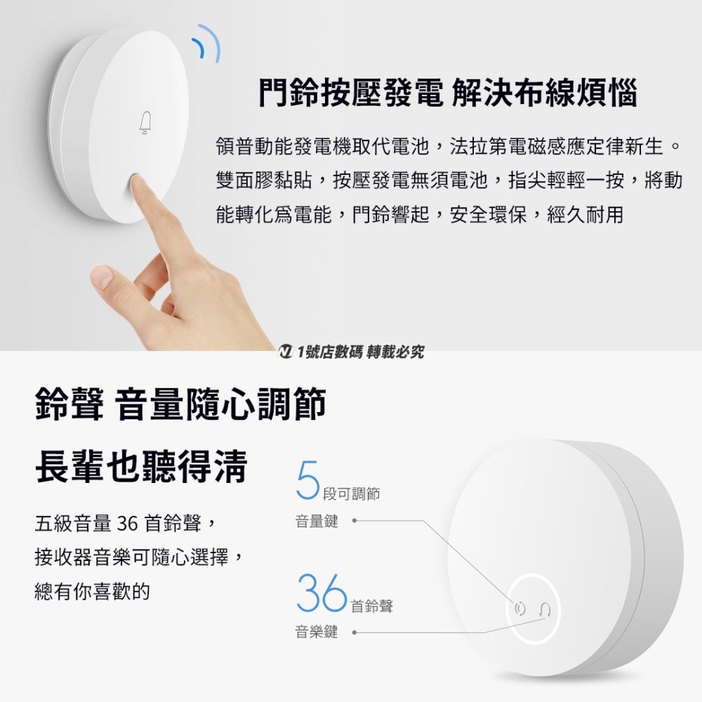 小米有品 領普 linptech 自發電 無線 門鈴 電鈴 智能 適用 米家APP-細節圖4