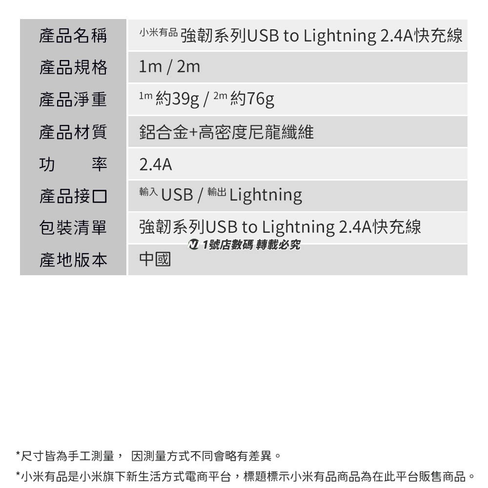 小米有品 新卡福樂 USB to Lightning 強韌系列 2.4A 快充 傳輸線 編織線 充電線 1m 2m-細節圖10