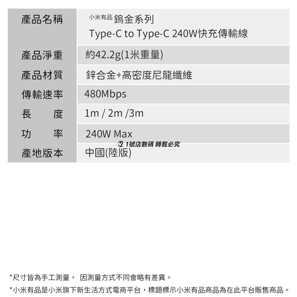 小米有品 鎢金系列 Type-C to Type-C 240w 快速充電線 充電線 傳輸線-細節圖11
