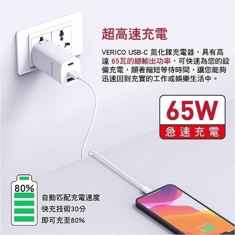 VERICO 65W 氮化鎵GaN 三孔快速充電器2C1A PD usb type C BSMI 白色