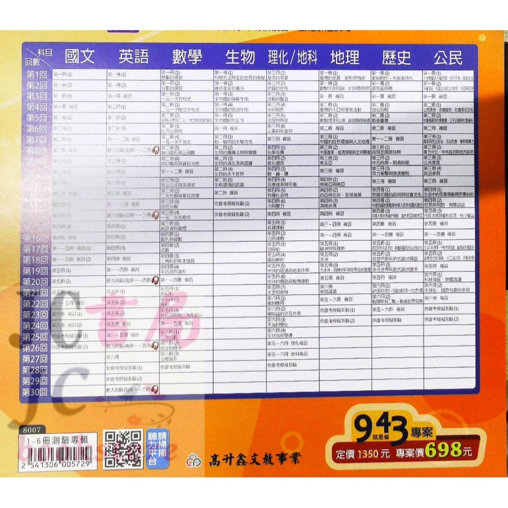 【JC書局】高昇 國中 115年 會考 1-6冊 測驗專輯 複習卷 9科 全科目 總複習考卷合輯-細節圖2