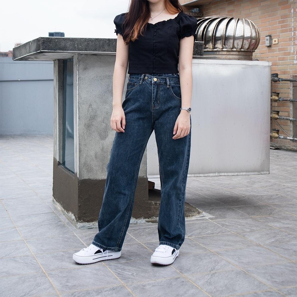 RayRayStephanie 小隻女褲長！復古灰藍交叉腰牛仔褲-細節圖3