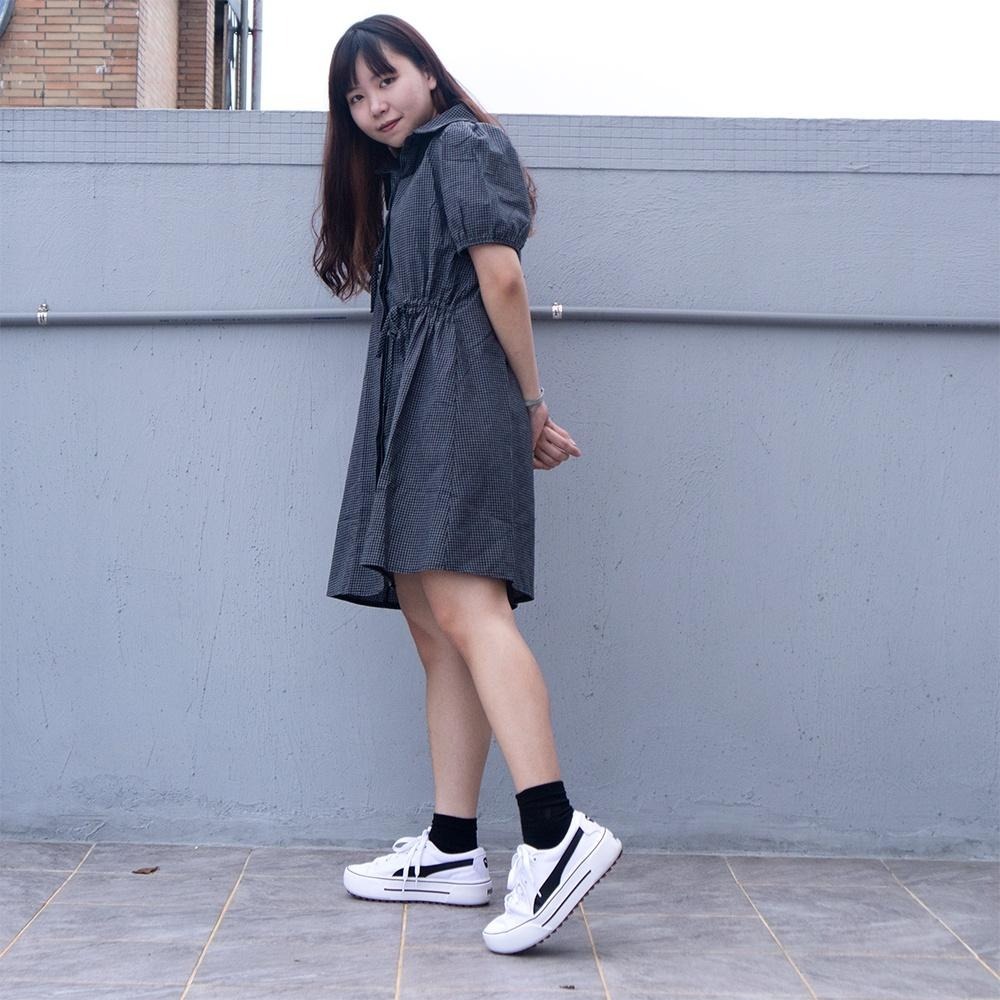 RayRayStephanie 泡泡袖棉麻格子襯衫連身裙-細節圖5