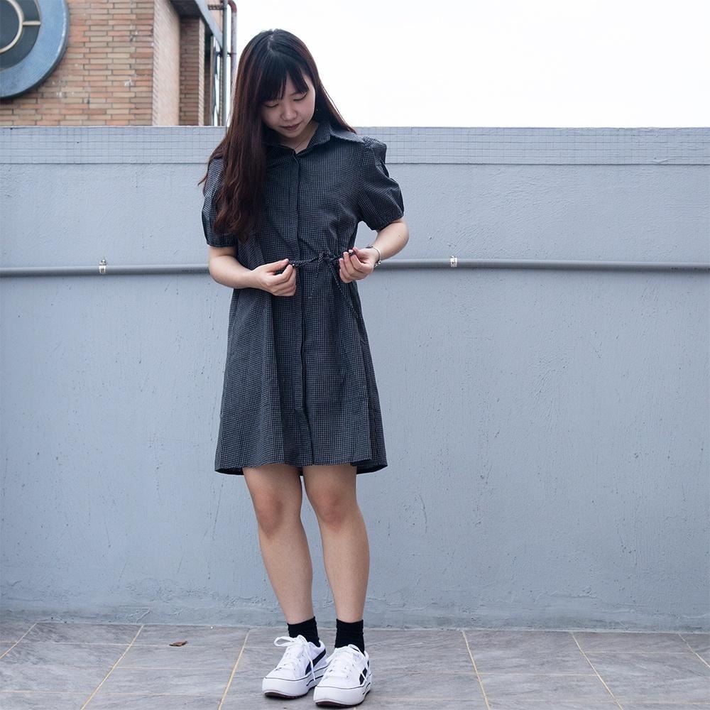 RayRayStephanie 泡泡袖棉麻格子襯衫連身裙-細節圖6