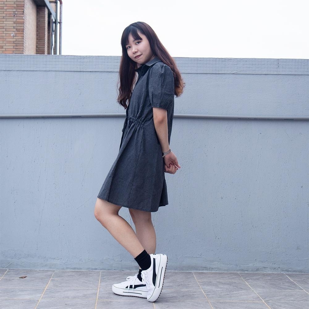 RayRayStephanie 泡泡袖棉麻格子襯衫連身裙-細節圖7