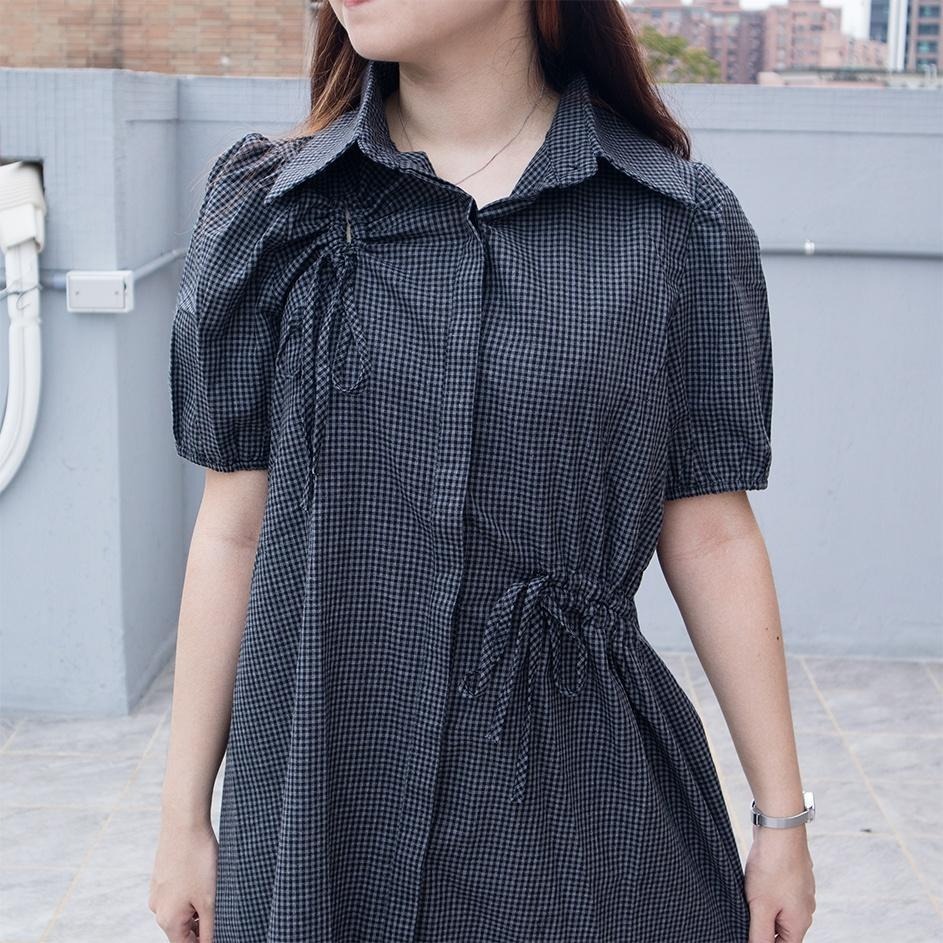 RayRayStephanie 泡泡袖棉麻格子襯衫連身裙-細節圖8