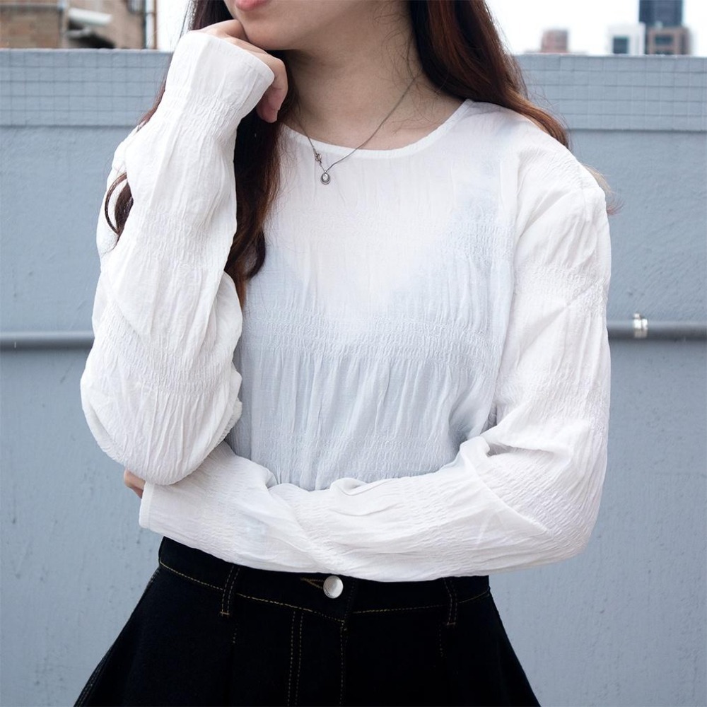 RayRayStephanie 皺褶雪紡短版透膚上衣-細節圖3