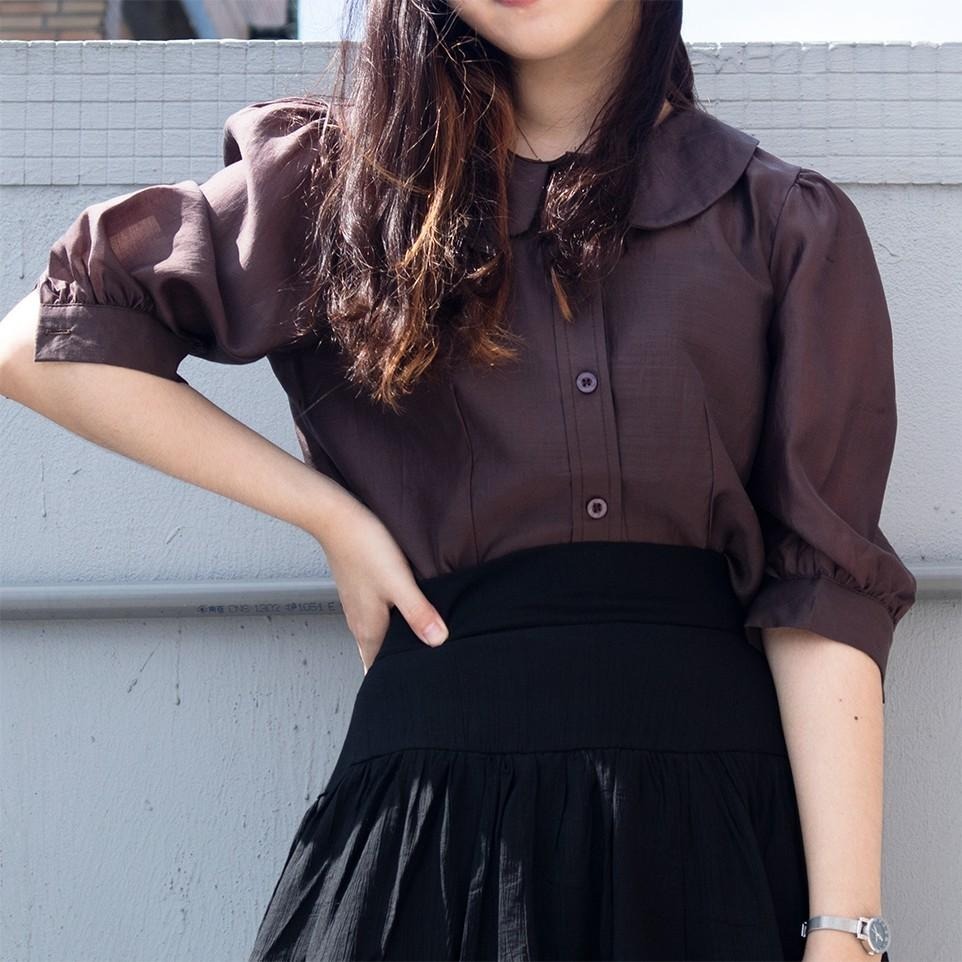 RayRayStephanie 微透膚五分袖深棕短版襯衫-細節圖6