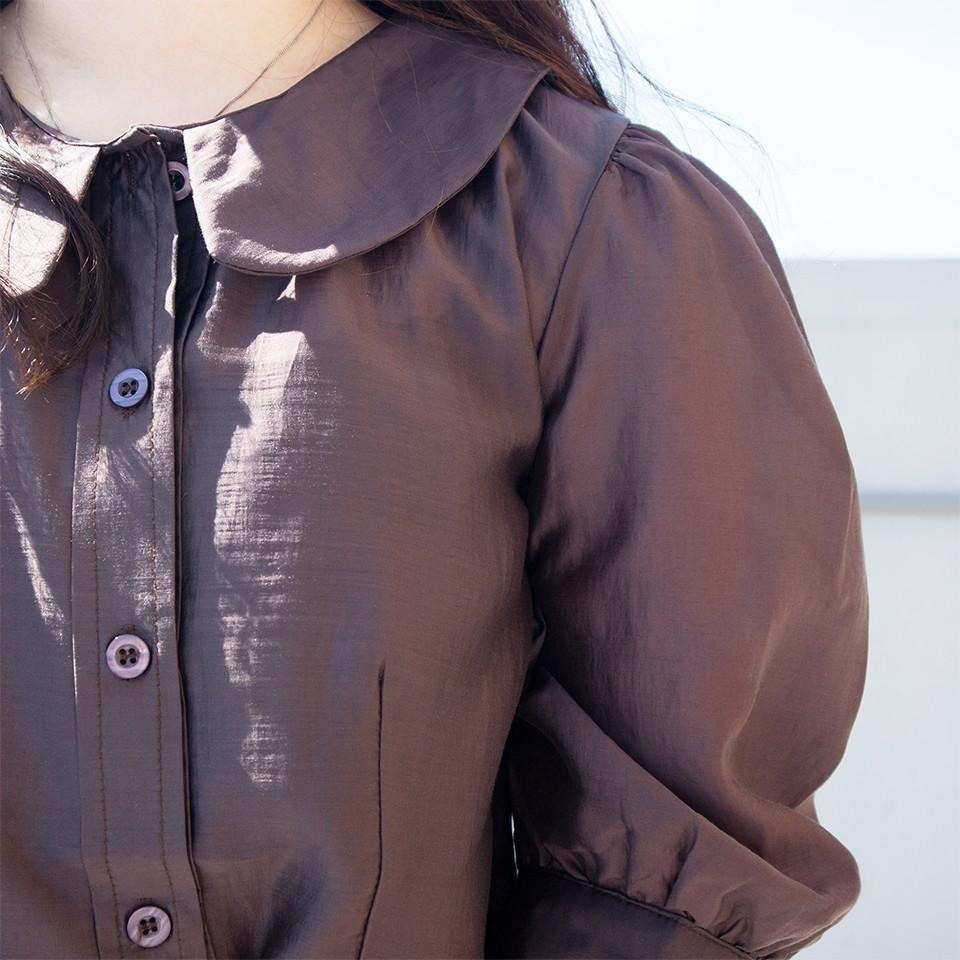 RayRayStephanie 微透膚五分袖深棕短版襯衫-細節圖7