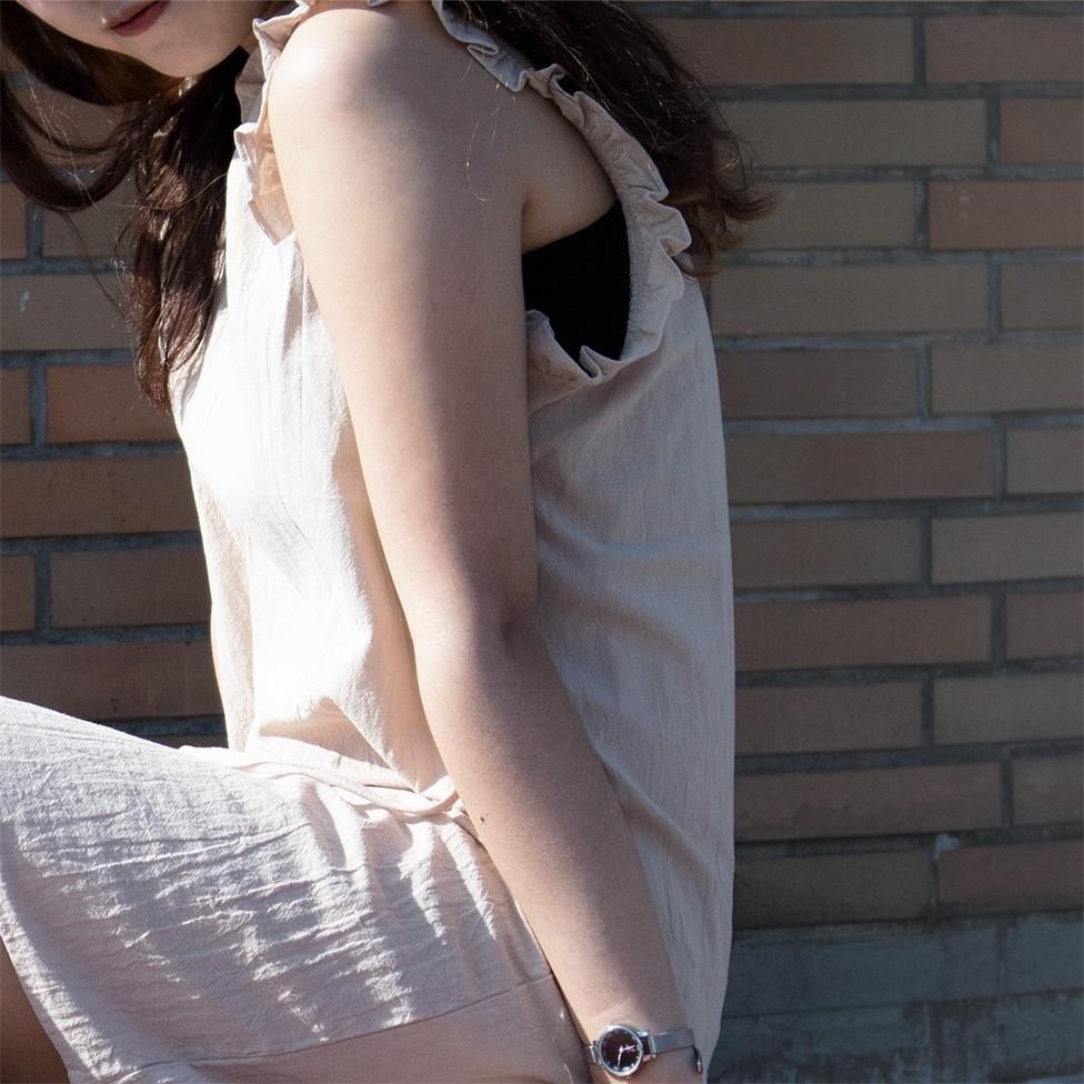 RayRayStephanie 棉麻木耳邊無袖綁帶連身裙(杏)-細節圖6