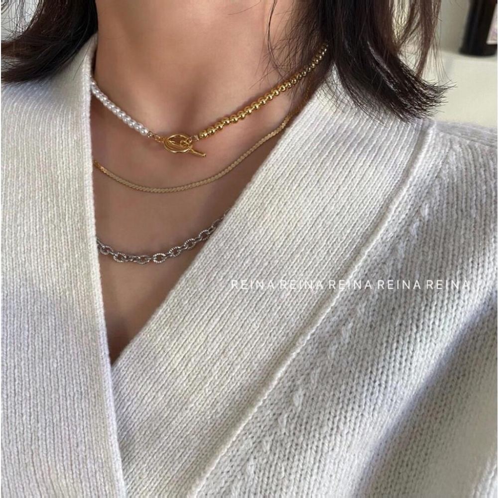現貨💖猫日屋💖正韓🇰🇷 氣質復古珍珠拼接鎖骨鍊-細節圖2
