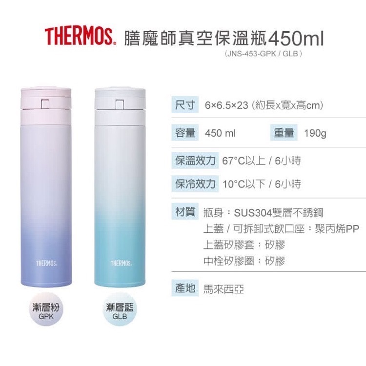 THERMOS 膳魔師 不鏽鋼 漸層 超輕量 自動上鎖 真空 保溫杯 保溫瓶 450ml (JNS-453) (兩色任選-細節圖2