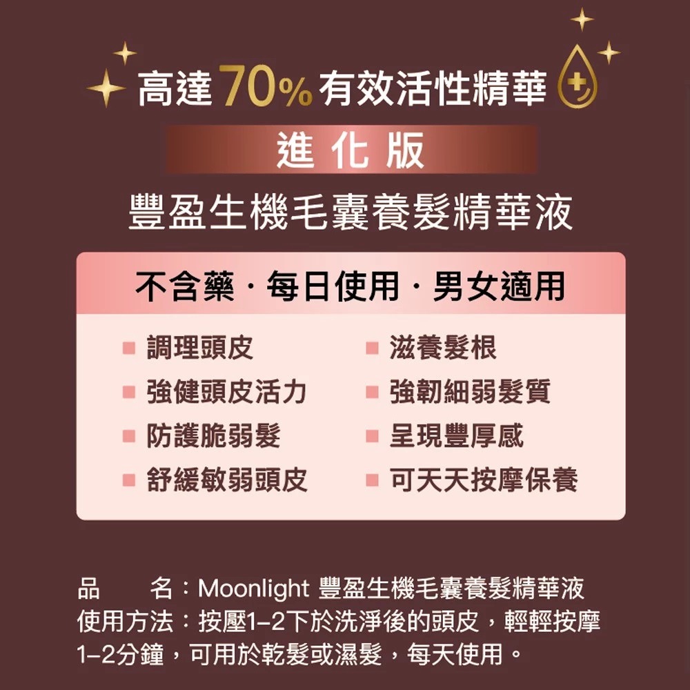 台灣製 Moonlight 莯光 進化版 豐盈生機毛囊養髮精華液 70ml 豐盈 養髮 精華 養髮液 頭皮液-細節圖3