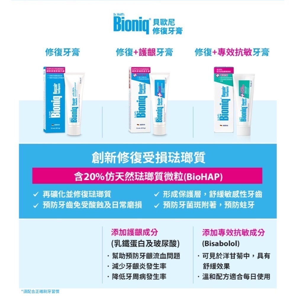 德國製 Bioniq 貝歐尼 修復+護齦牙膏 75ml 專效抗敏 修復牙膏 護齦加強配方 牙齦 護理 護齦 抗敏 牙膏-細節圖4