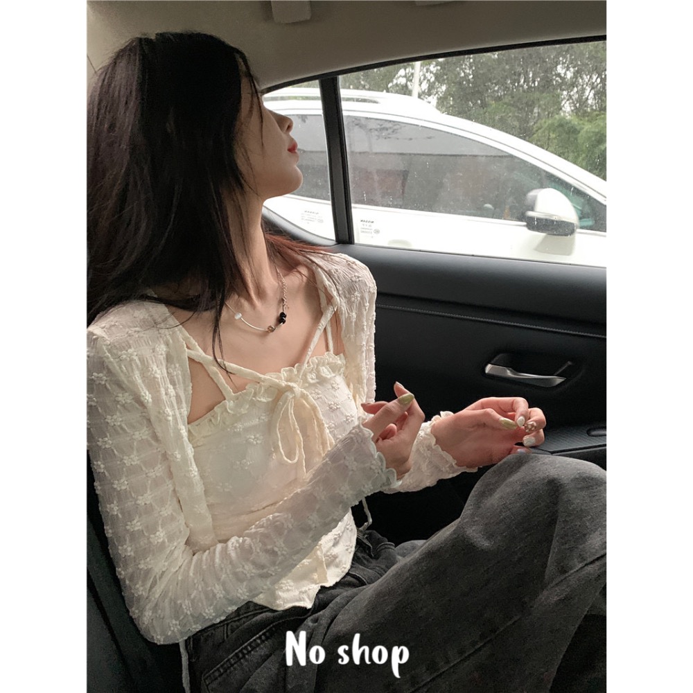 No shop❤️‍🔥預購 兩件式套裝 細肩帶背心➕綁繩罩衫 溫柔套裝 女生衣服 氣質-細節圖3