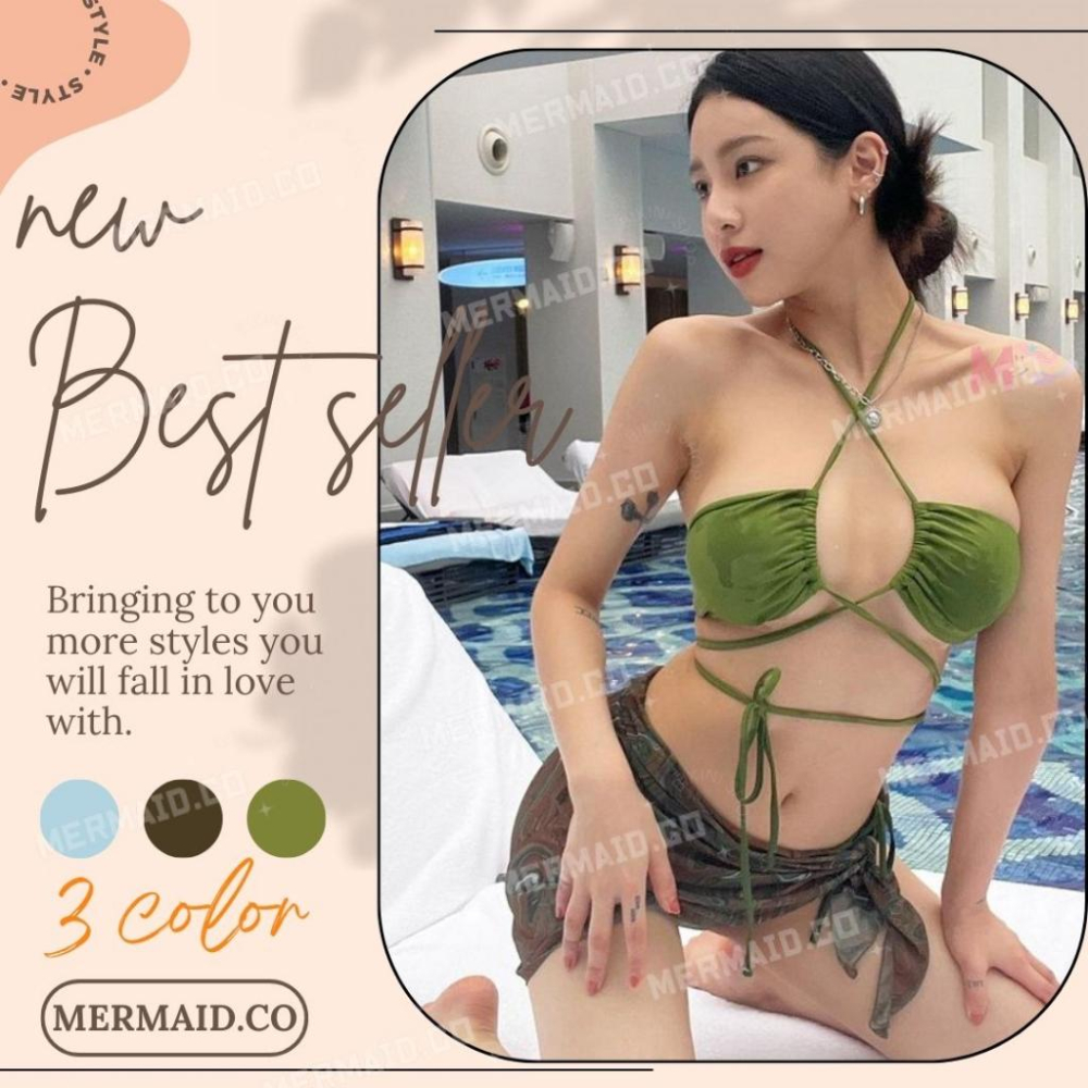 美人魚💙現貨┇渡假風性感三件式紗裙綁帶比基尼-細節圖2