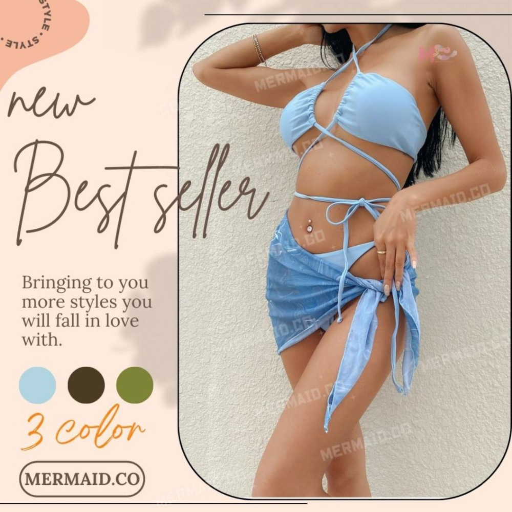 美人魚💙現貨┇渡假風性感三件式紗裙綁帶比基尼-細節圖5