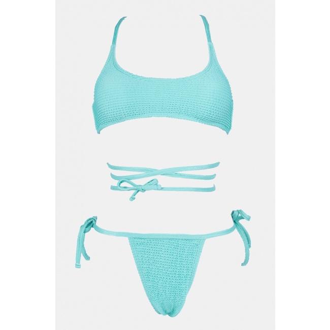 美人魚💙現貨┇素色波浪紋圓領美背交叉綁帶 比基尼-細節圖2