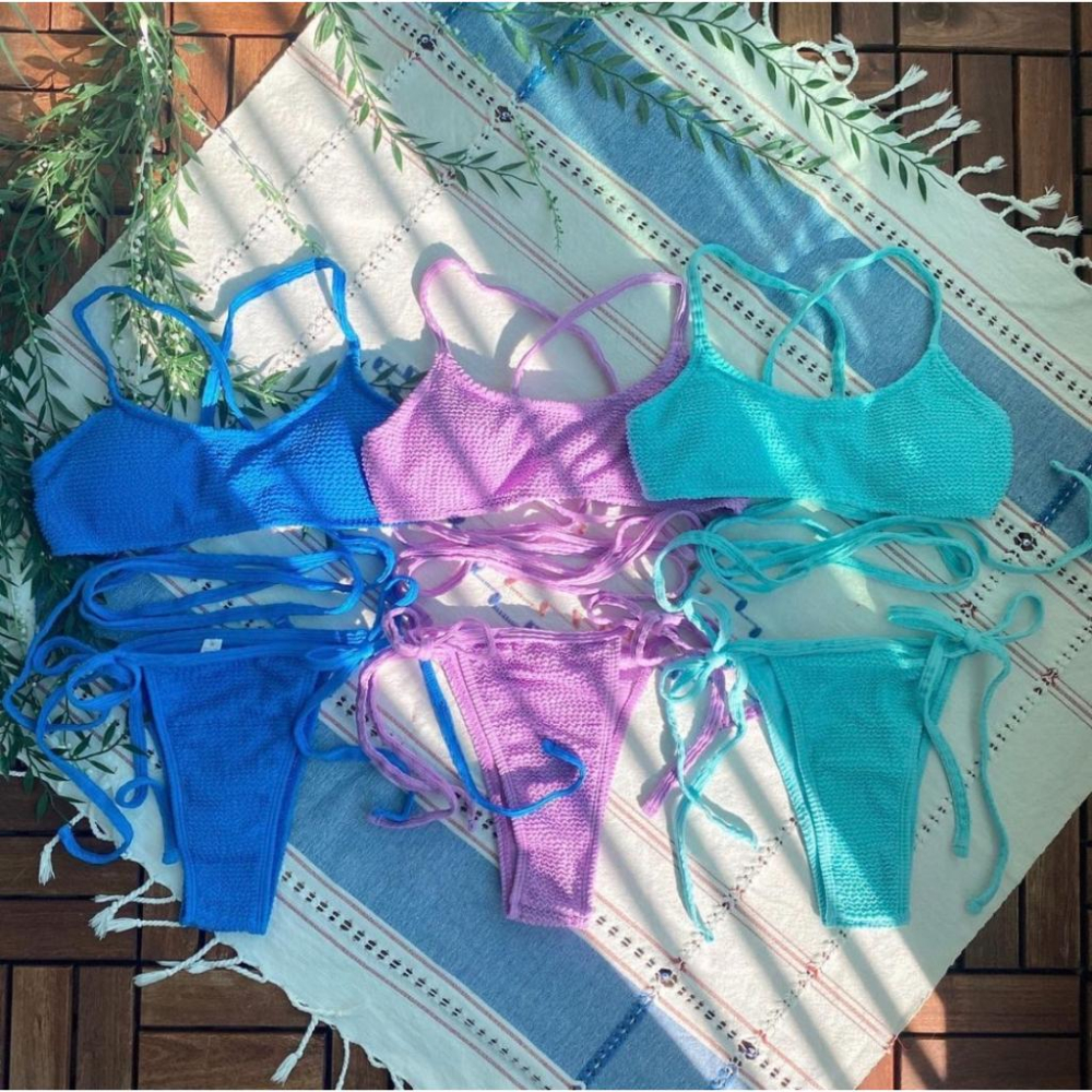 美人魚💙現貨┇素色波浪紋圓領美背交叉綁帶 比基尼-細節圖3