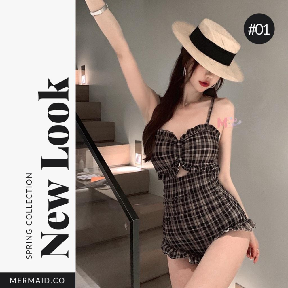 美人魚💙現貨┇復古黑黃格紋荷葉邊連身泳衣-細節圖2