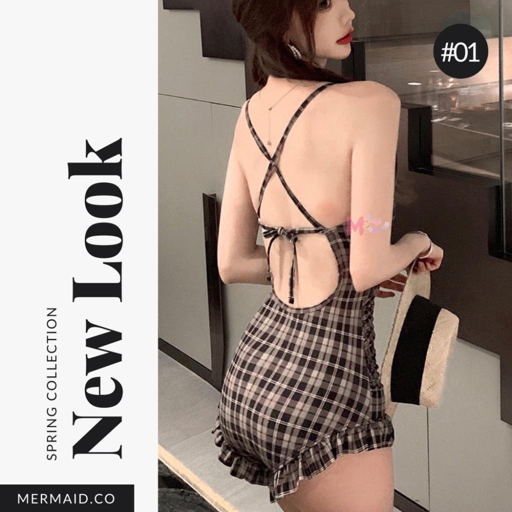 美人魚💙現貨┇復古黑黃格紋荷葉邊連身泳衣-細節圖3