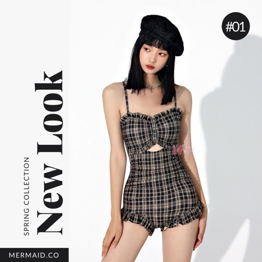 美人魚💙現貨┇復古黑黃格紋荷葉邊連身泳衣-細節圖4