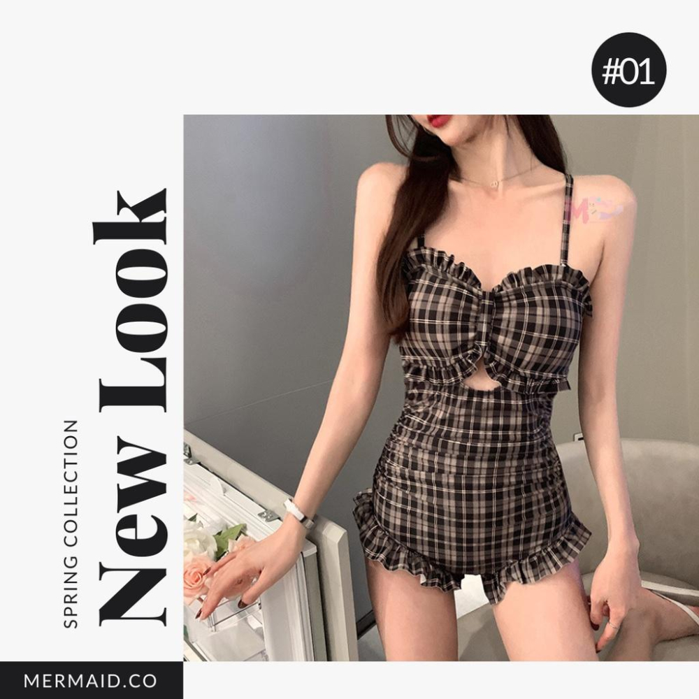 美人魚💙現貨┇復古黑黃格紋荷葉邊連身泳衣-細節圖5