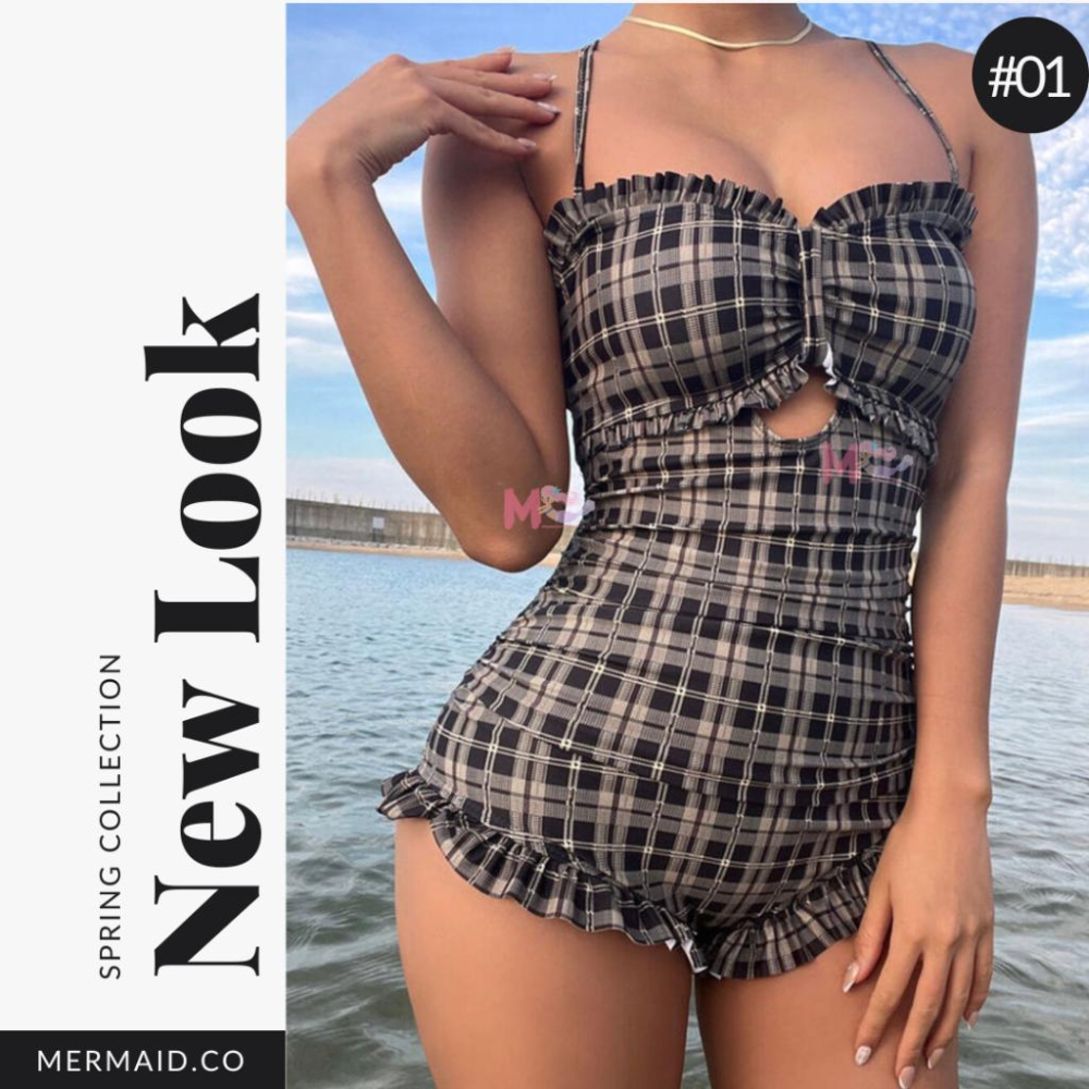 美人魚💙現貨┇復古黑黃格紋荷葉邊連身泳衣-細節圖6