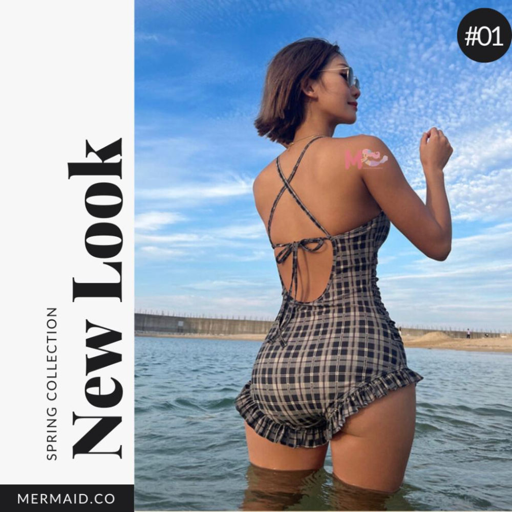 美人魚💙現貨┇復古黑黃格紋荷葉邊連身泳衣-細節圖7