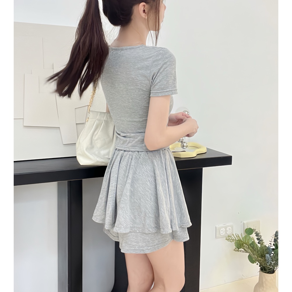 開襟鈕扣Ａ字褲裙套裝-細節圖5