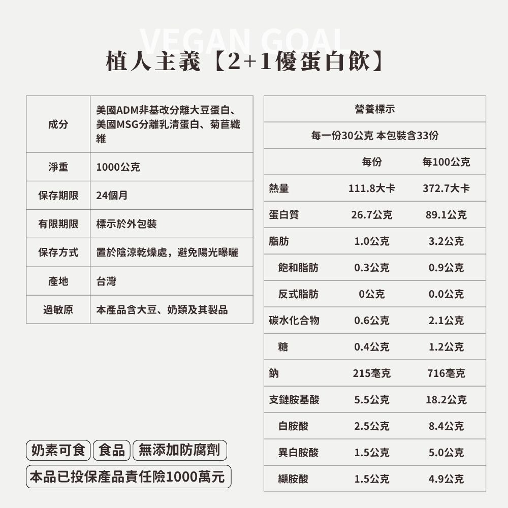 🚀🚀植人主義 VeganGoal 2+1優蛋白【1KG含湯匙 | 奶素 | 原味】分離乳清 水解乳清 分離大豆-細節圖10