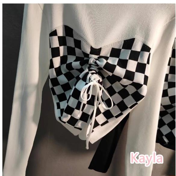 🔥899免運🔥拼接棋盤格抽繩針織衣 A0894 #Kayla.girl #少女愷拉-細節圖5