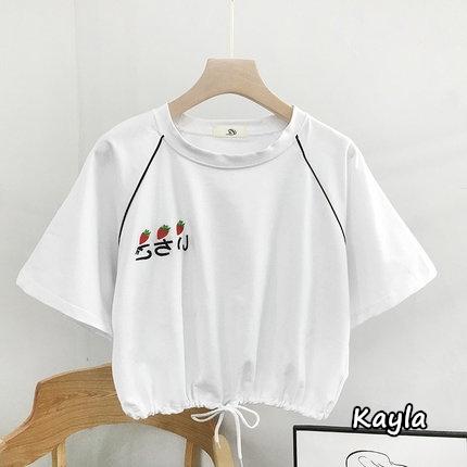 🔥899免運🔥草莓/字母刺繡縮腰大學T 兩款-短袖/長袖 A0663 #Kayla.girl #少女愷拉-細節圖3