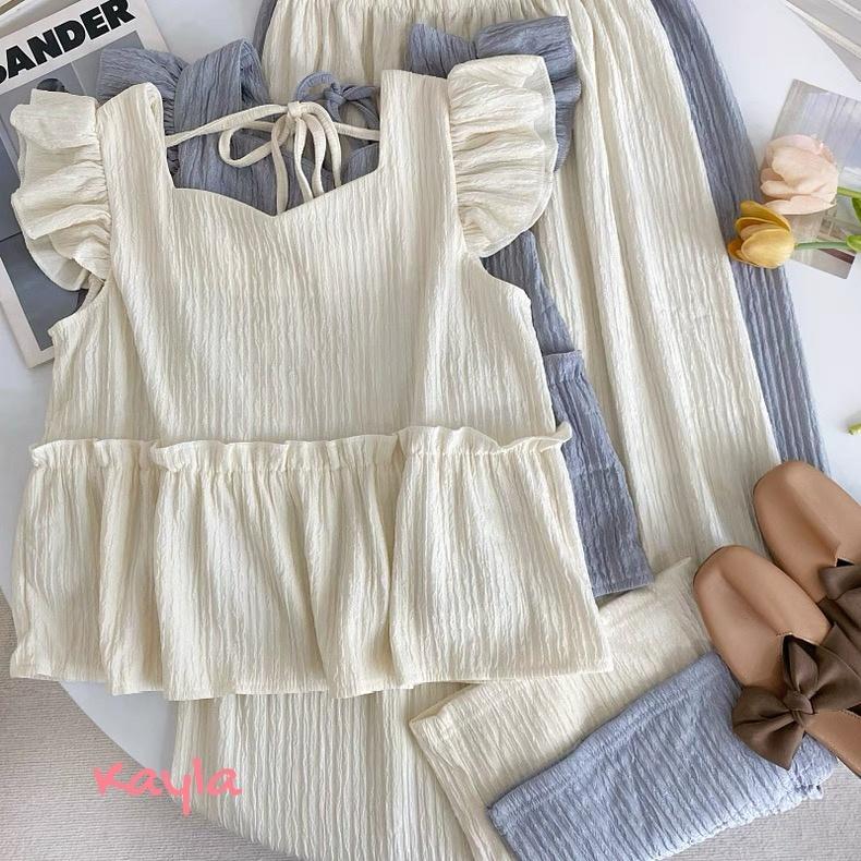 現貨+預購🌟免運🌟 氣質飛袖上衣+高腰顯瘦寬褲 A1304  #Kayla.girl #少女愷拉-細節圖3