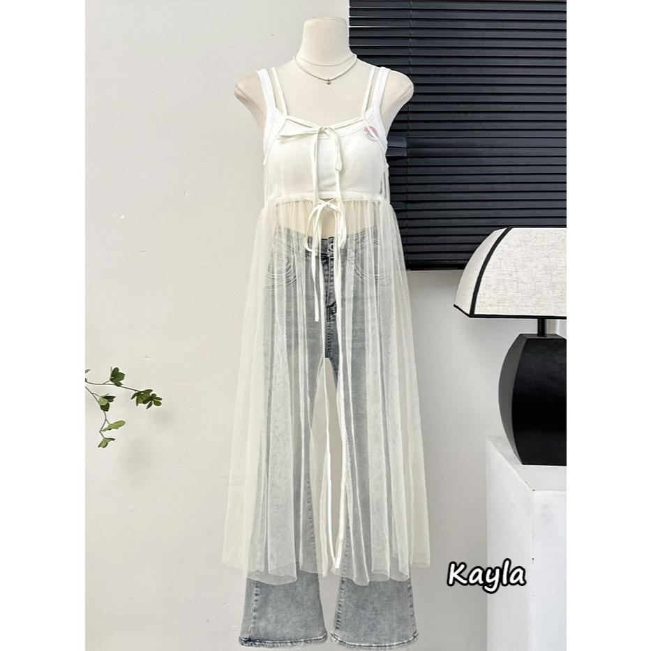 預購🌟免運🌟 綁帶簍空網紗吊帶疊搭連身罩衫 A1195 #Kayla.girl #少女愷拉-細節圖3