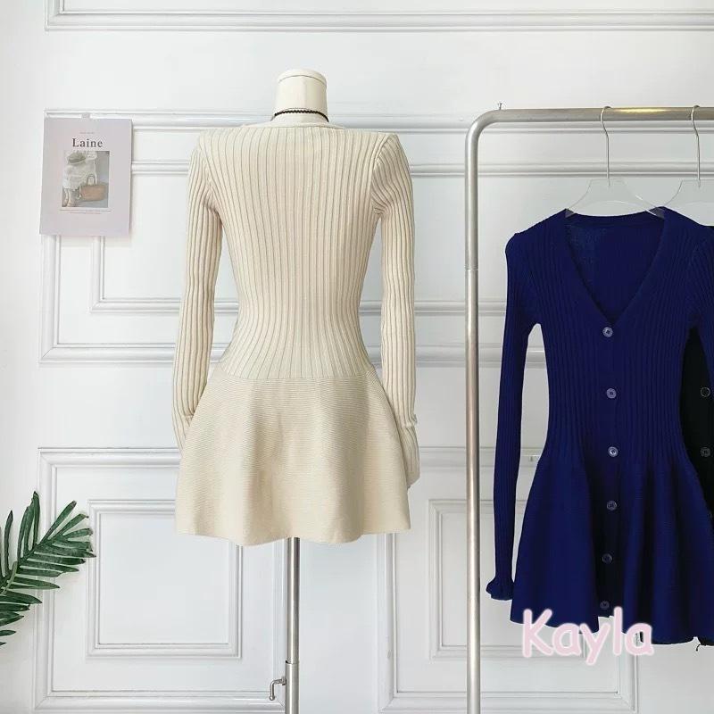 預購🌟免運🌟 V領長袖針織收腰顯瘦A字洋裝 A1271 #Kayla.girl #少女愷拉-細節圖3