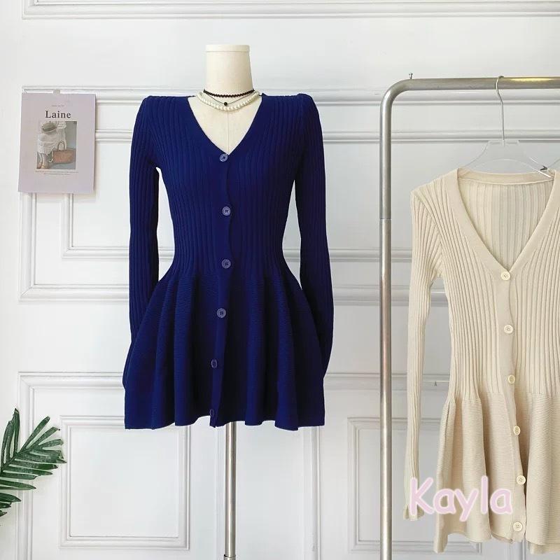 預購🌟免運🌟 V領長袖針織收腰顯瘦A字洋裝 A1271 #Kayla.girl #少女愷拉-細節圖4