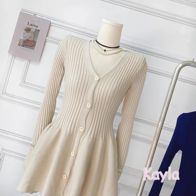 預購🌟免運🌟 V領長袖針織收腰顯瘦A字洋裝 A1271 #Kayla.girl #少女愷拉-細節圖8