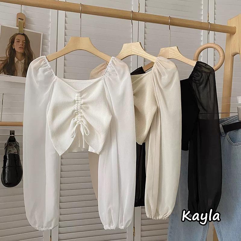 預購🌟免運🌟 V領抽繩針織拼接雪紡長袖上衣 A1203 #Kayla.girl #少女愷拉-細節圖2