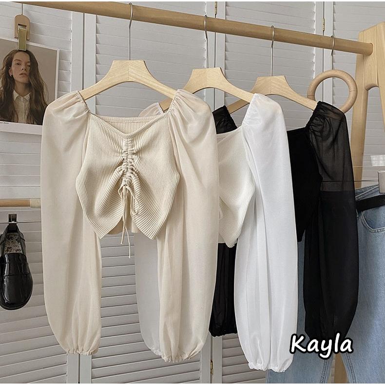 預購🌟免運🌟 V領抽繩針織拼接雪紡長袖上衣 A1203 #Kayla.girl #少女愷拉-細節圖3