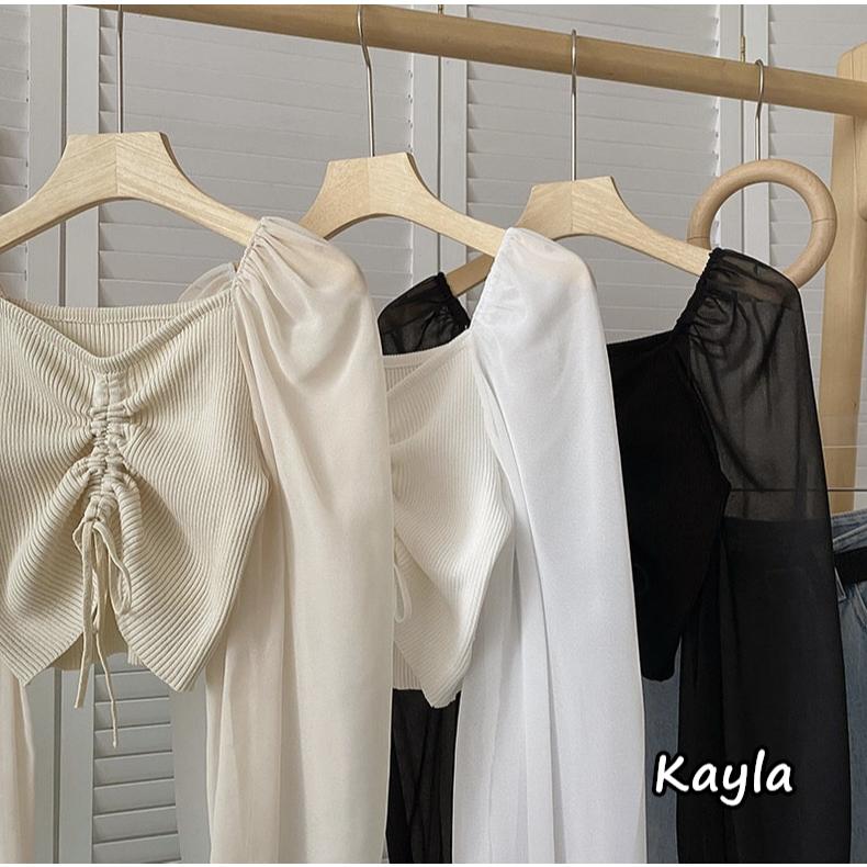 預購🌟免運🌟 V領抽繩針織拼接雪紡長袖上衣 A1203 #Kayla.girl #少女愷拉-細節圖4