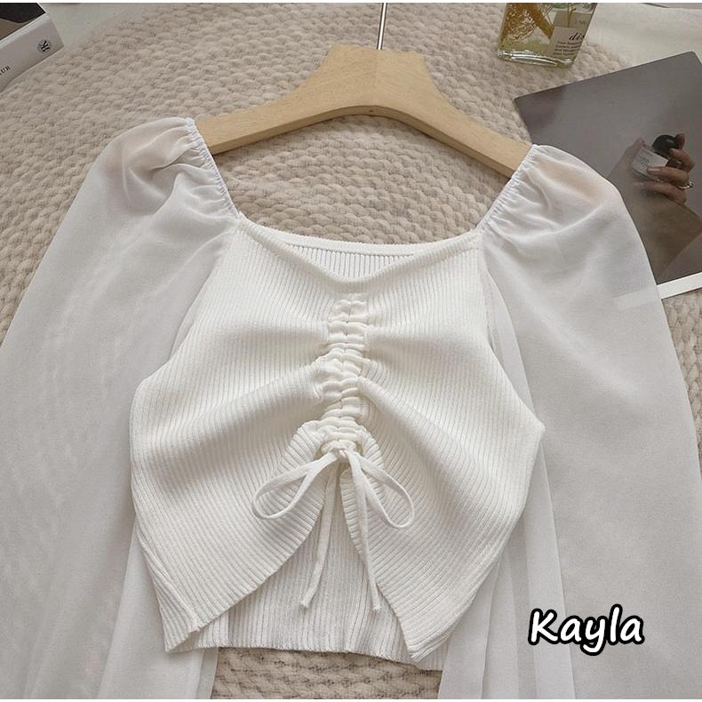 預購🌟免運🌟 V領抽繩針織拼接雪紡長袖上衣 A1203 #Kayla.girl #少女愷拉-細節圖5
