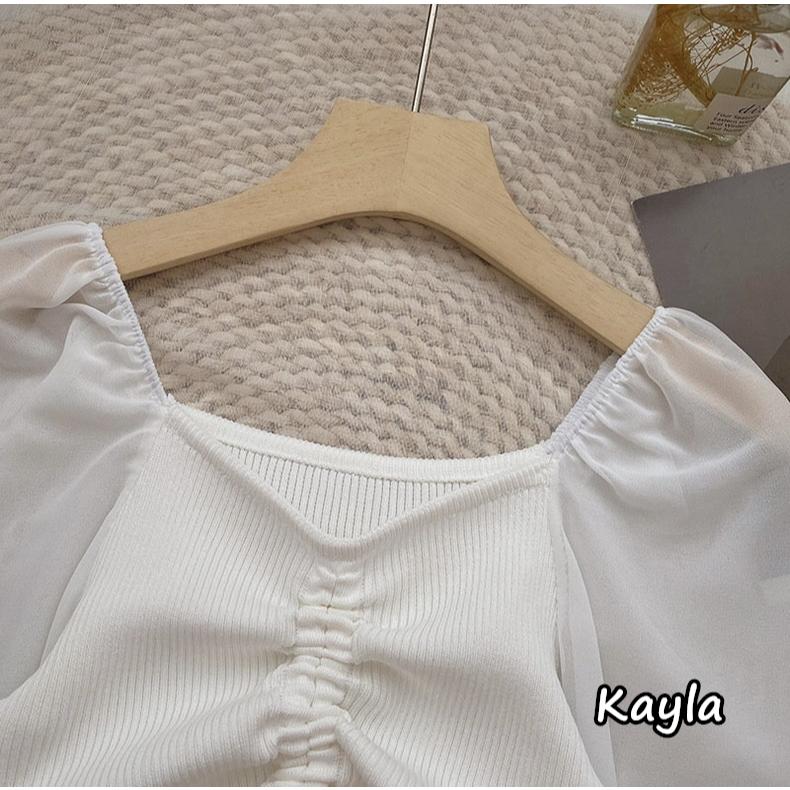 預購🌟免運🌟 V領抽繩針織拼接雪紡長袖上衣 A1203 #Kayla.girl #少女愷拉-細節圖6