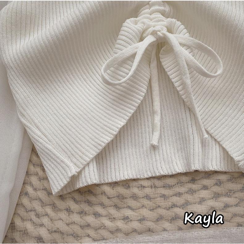 預購🌟免運🌟 V領抽繩針織拼接雪紡長袖上衣 A1203 #Kayla.girl #少女愷拉-細節圖9