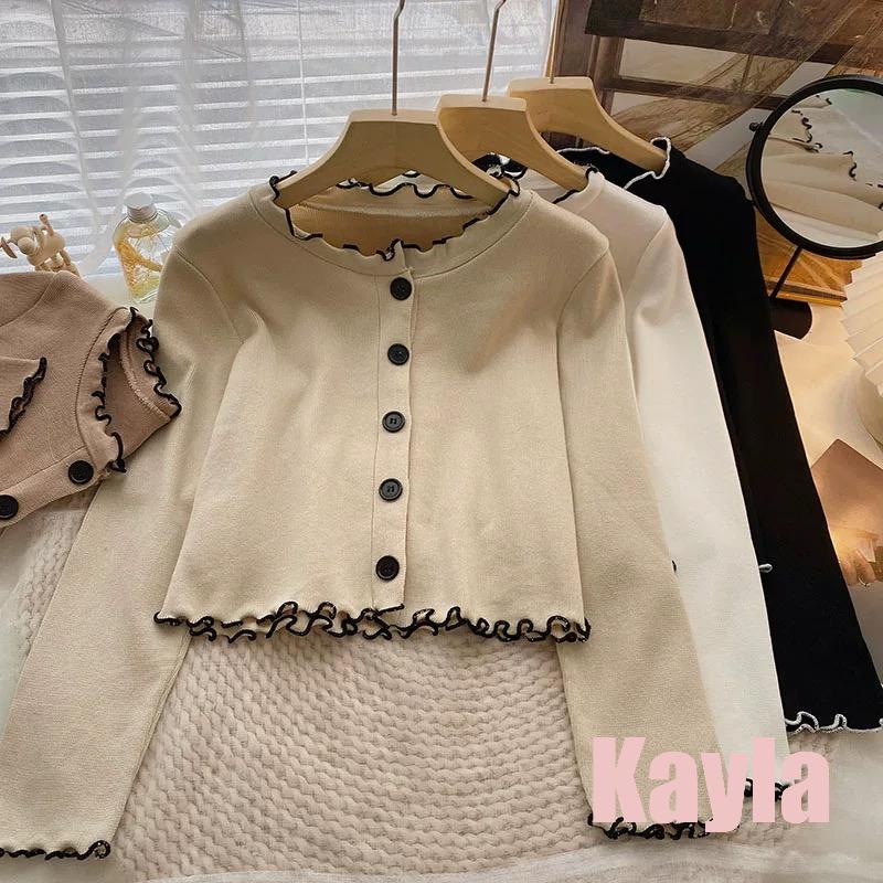 預購🌟免運🌟 木耳邊撞色短款長袖上衣外套 A1259 #Kayla.girl #少女愷拉-細節圖2