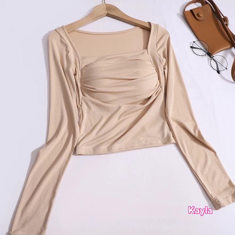 預購🌟免運🌟 百搭舒適方領長袖帶胸墊T恤 A1241 #Kayla.girl #少女愷拉-細節圖2