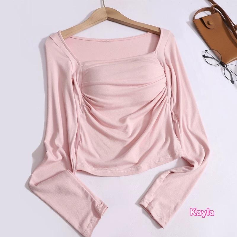 預購🌟免運🌟 百搭舒適方領長袖帶胸墊T恤 A1241 #Kayla.girl #少女愷拉-細節圖3